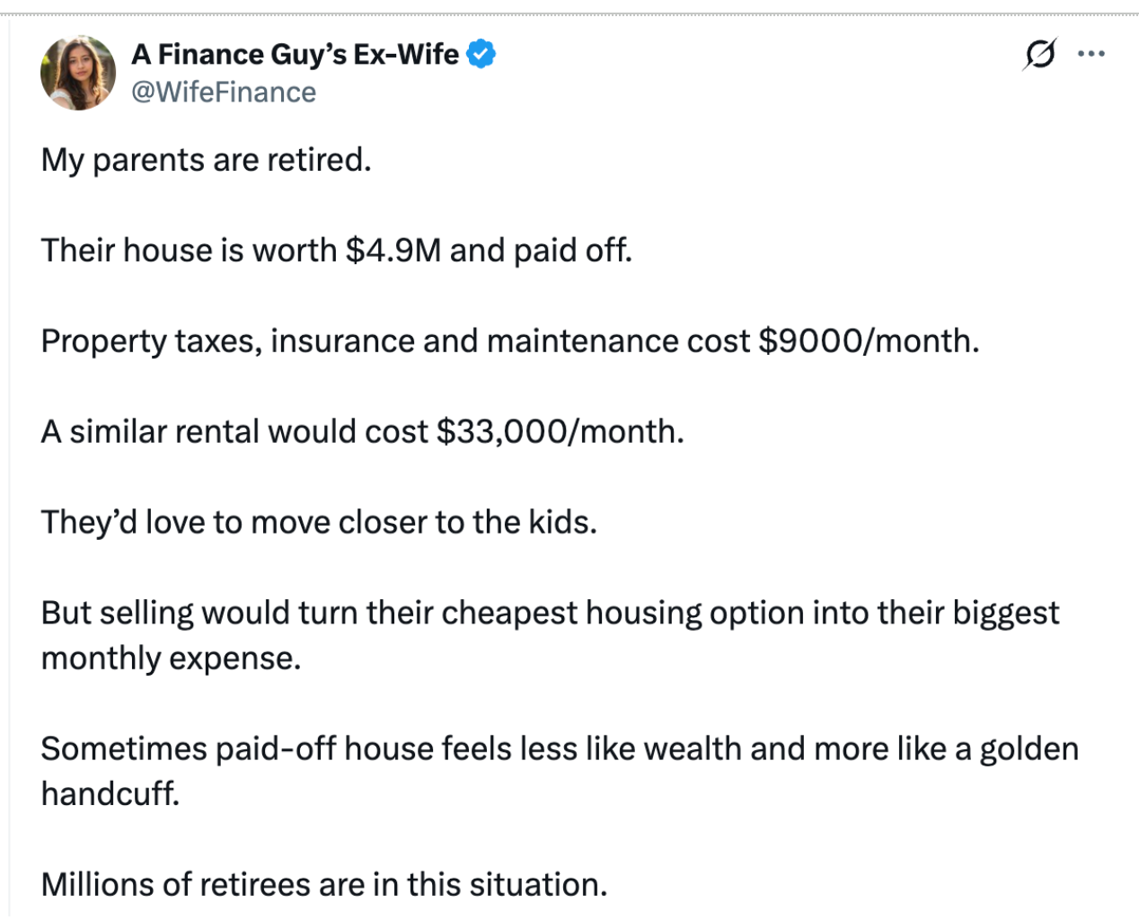 Screenshot of tweet outlining a retired couple's dilemma